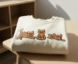 [SHIP FROM US] Embroidered Gingerbread Cat T-shirt Sweater Hoodie, Cute Christmas Cat Lover Crewneck, Festive Holiday Gift, Cozy Winter Streetwear