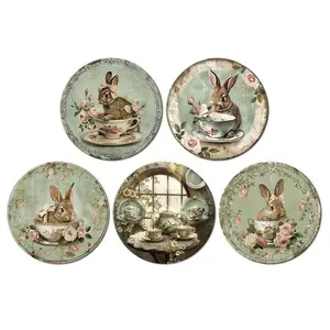 Vintage Rabbit Pattern Metal Tin Sign, 5 Counts/set Iron Foil Engraving Wall Art, Hanging Decorative Plaque for Indoor/Outdoor, Bedroom, Dining Room
