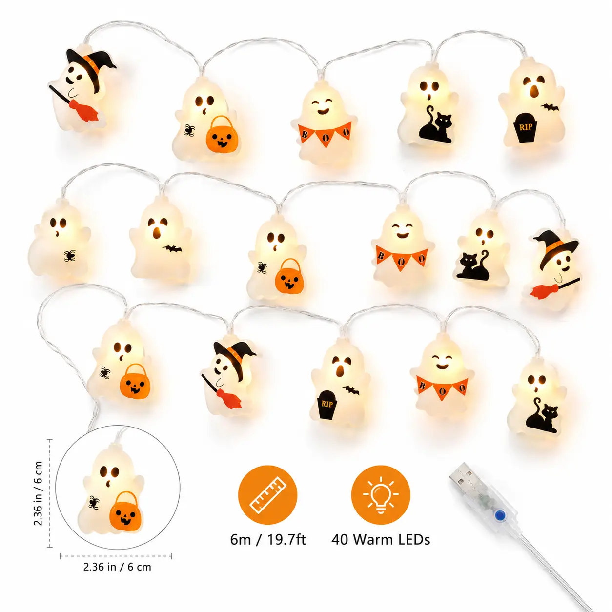 Halloween string lights, fairy lights, cute ghost lights, Halloween decorative string lights, Halloween mixed style, suitable for parties