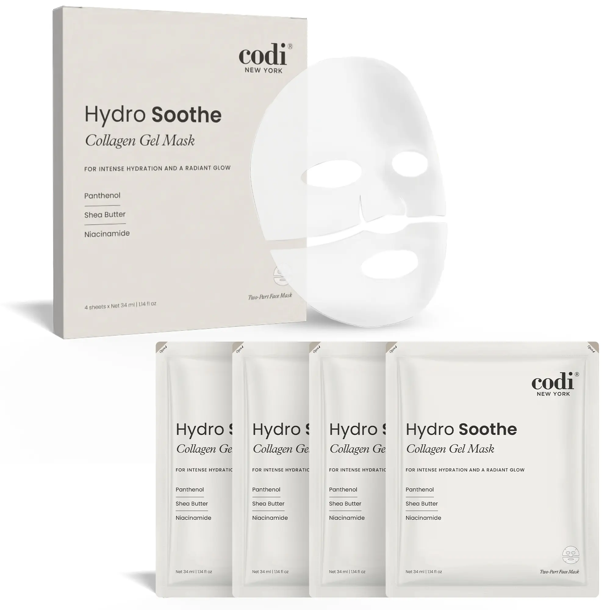 Collagen Gel Mask (4 Sheets), Hydrogel Mask for Reducing Redness, Sunburn & After Sun Care, Hydration, Soothing, Moisturizing, Made in Korea