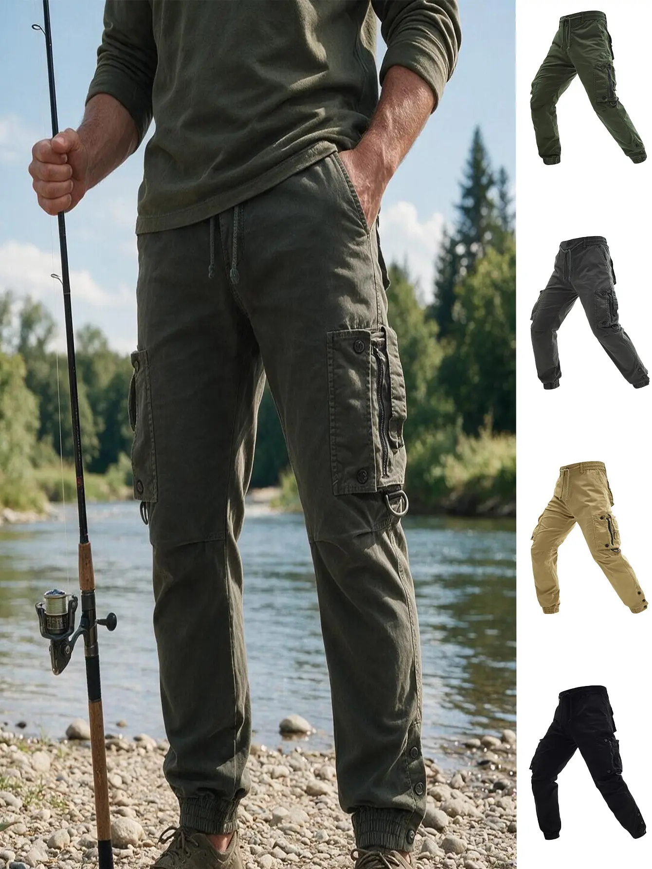 Men Multi Zipper Pocket Cargo Jogger Pants Elastic Drawstring Waist Outdoor Fishing Hiking Trousers Vintage Tactical Jogging Pants Casual Streetwear Beam Feet Work Pants