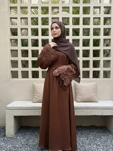 Elegant Hand Embroidered Lace Modesty Belted Abaya Dress, Simple Fashionable One-Piece for Daily Wear, Casual Prayer