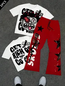 Men's Short Sleeve T-Shirt and Long Pants Set, Letter Star Graphic Print Round Neck Fitted T-Shirt + Drawstring Casual Sporty Pants, 2 Piece Set, Casual Matching Set