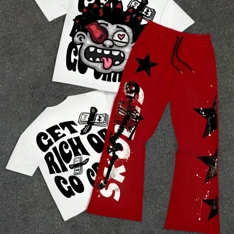 Men's Short Sleeve Fitted T-Shirt and Long Pants Set, Letter Star Graphic Print Round Neck T-Shirt + Drawstring Casual Sporty Pants, 2 Piece Clothing Sets