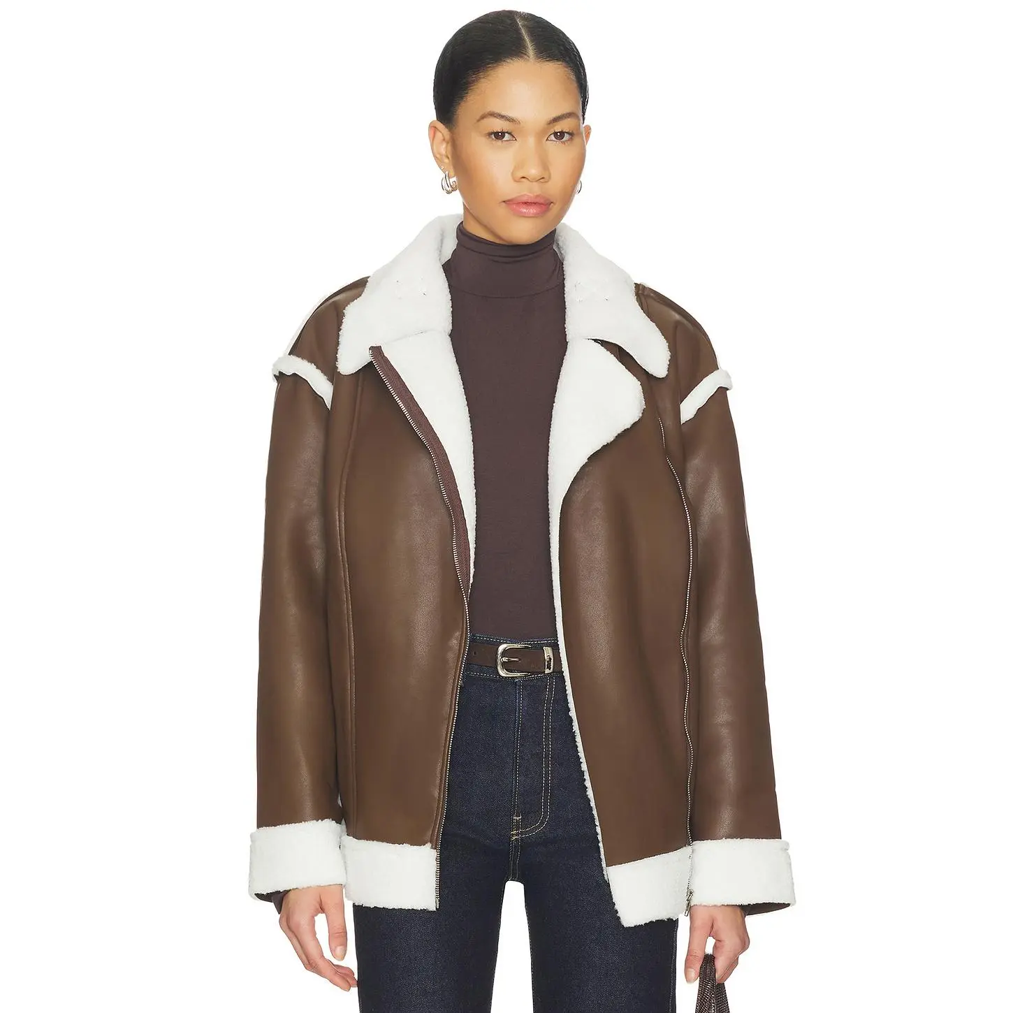 SNDYS London Oversized Biker Jacket in Brown Chocolate