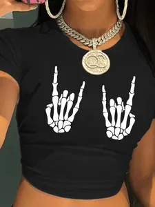 Women's Halloween Skeleton Hand Print Round Neck Crop Tee, Fashion Casual Short Sleeve T-shirt for Daily Holiday Vacation Outdoor Wear, Ladies Clothes for Summer