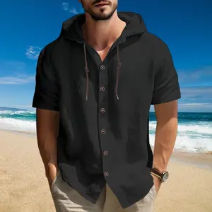 One men’s short-sleeve cotton-linen shirt with hood and drawstring; casual retro style. Hood and drawstring design is relaxed yet stylish, featuring vintage brown button accents for refined details. Short-sleeve fit suits spring and summer outfits; breath