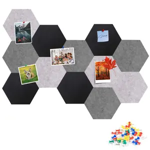 10 Large Hexagonal Felt Bulletin Board Tiles with Random 10 D-Rivets, Self-Adhesive Felt Cork Tile Bulletin Board for Wall Decor Memo Photo Display