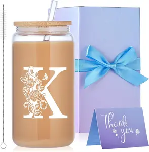 Initial Glass Cups with  and Straws, Monogrammed Gifts for Women, 16oz  Glass Tumbler, Iced Coffee Mug, Personalized  with Box and Card. Employee Appreciation Gifts Birthday  for Her