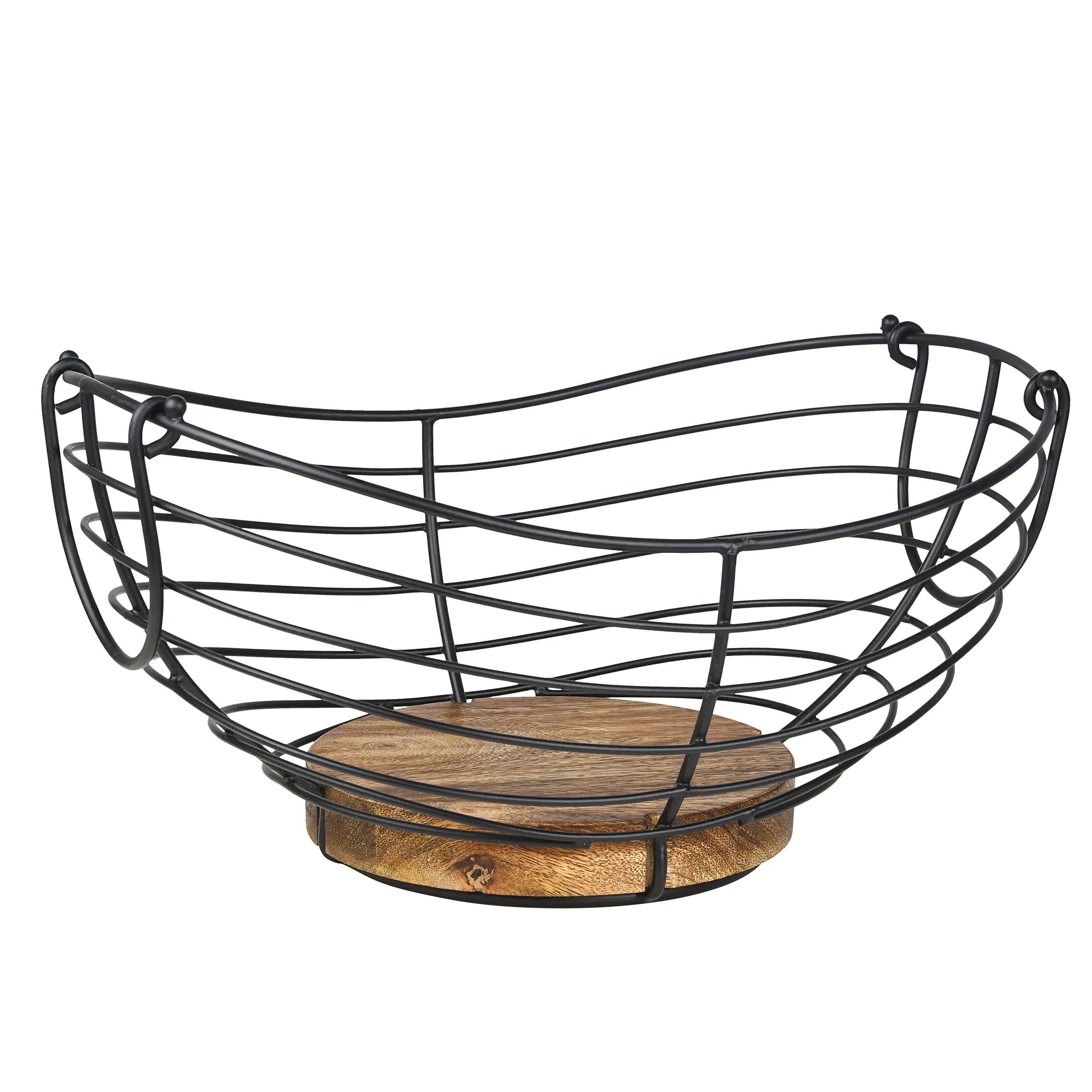 Modern Farmhouse Vintage Wire Fruit Basket with Wooden Base - Kitchen Counter Organizer for Fruit & Vegetable Storage, Home Decor Shelf Basket