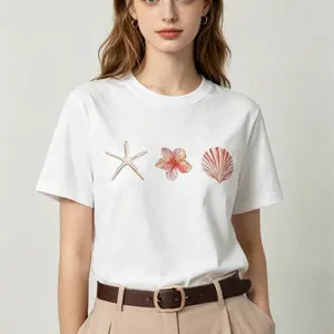 Women Casual Starfish & Shell Print Round Neck Short Sleeve T-Shirt White Summer  Top