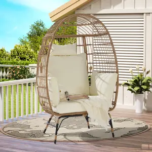 Wicker Egg Chair Outdoor, Indoor Oversized Rattan Patio Lounge Chairs with Cushion for Backyard, Living Room, Porch, Balcony, Steel Frame, 360lb Capacity