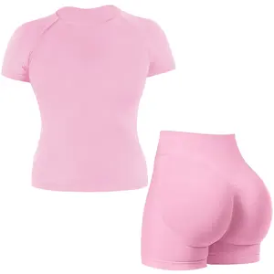 Jetjoy Women's 2-Piece Seamless Athletic Sports Clothing Set - Slim-Fitting, Breathable Activewear with Pink Short-Sleeve T-Shirt, Tank Top, Scrunch-Bum Shorts for Workout, Fitness Training