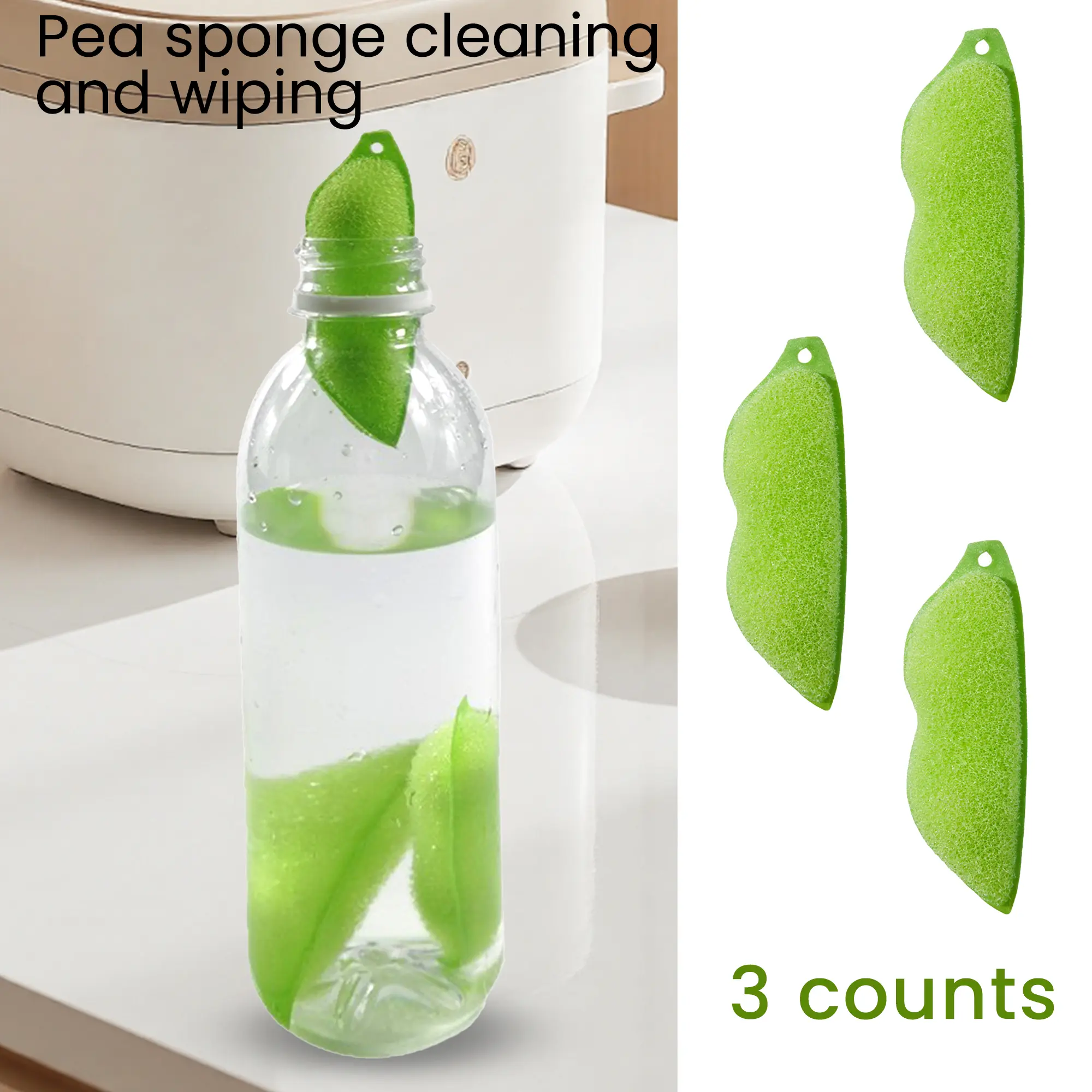 Home Care Reusable Pea-Shape Sponge Bottle Cleaner with Porous Fibers & Ceramic Balls, 3-Count Deep Cleaning Supplies (Sponges & Scouring Pads)