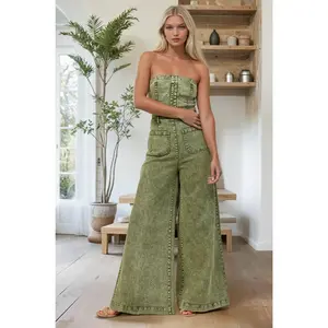 MINERAL WASH WIDE LEG DENIM JUMPSUIT 4406RIB OLIVE