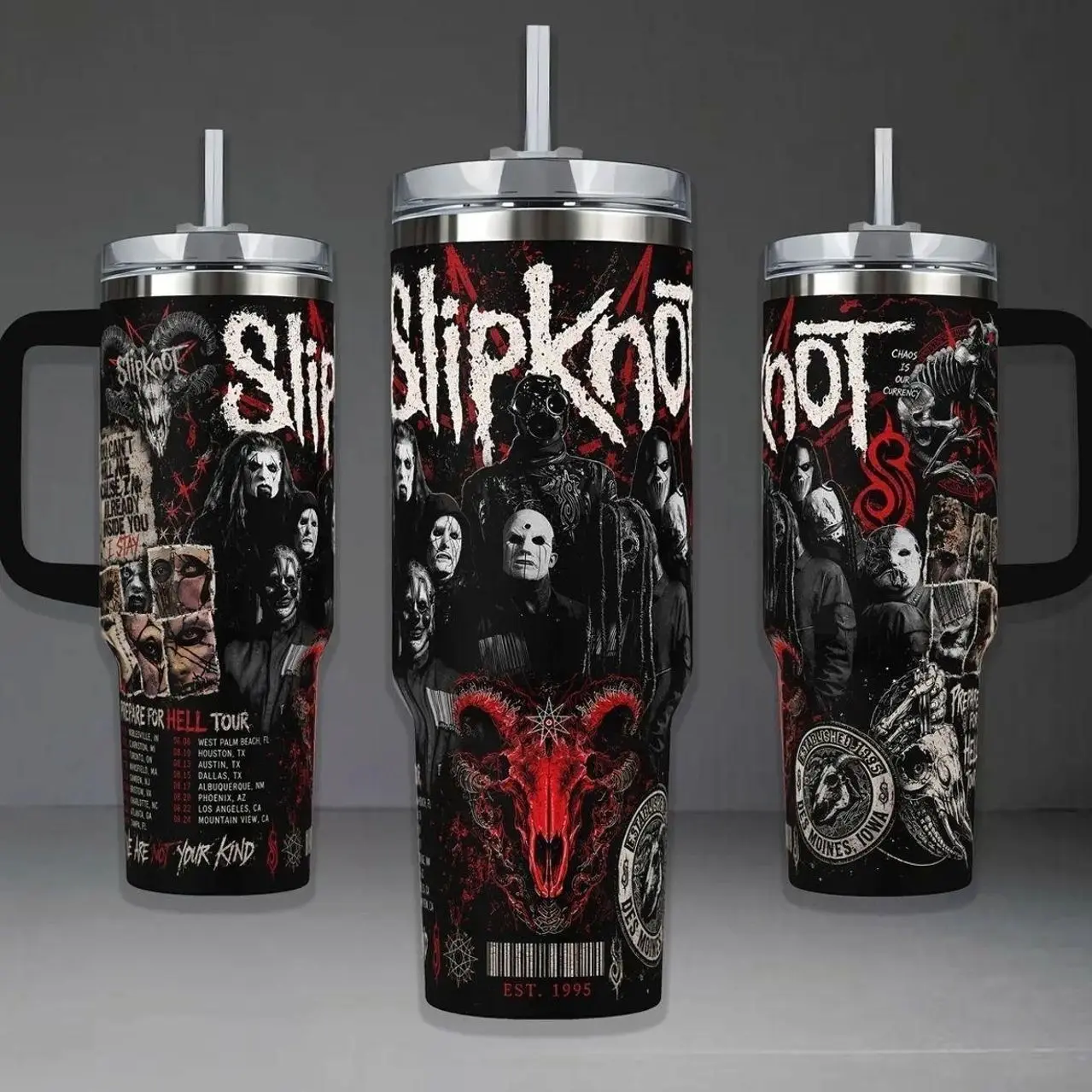 Slipknot Metal Band Merchandise Tumbler, Prepare For Hell Tour 40oz Cup with Handle, We Are Not Your Kind 20oz Stainless Steel Travel Mug, Heavy Rock Music Fan Gift, Slipknot Inspired Insulated Tumbler Featuring Epic Goat Skull Design.