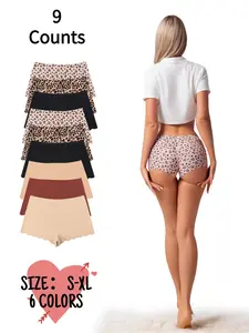 Women's 9-Pack Seamless Panties Set, Wave Hem Leopard Heart Print Multi-Color Options, Safe Sportswear for All Seasons