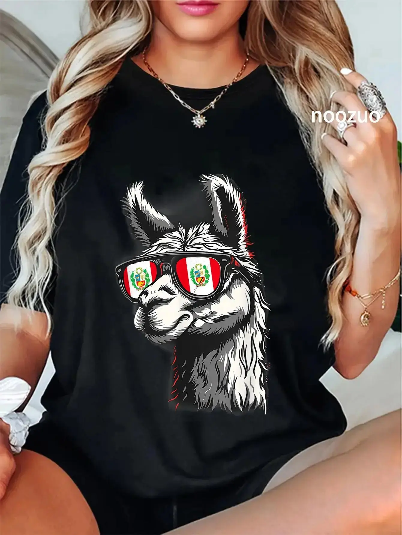 Women's 100% Cotton Printed T-Shirt - Unisex Apparel, Peru Alpaca Portrait, Peruvian Flag, Peruvian Pride, Oversized Fabric, Everyday Casual Top, Lady, Round Neck, Tshirt, Streetwear, Check