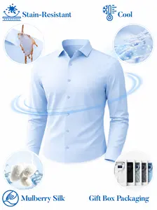 Alimens&Gentle Stain Shield Men's Mulberry Silk Dress Shirt, Long Sleeve Anti-Wrinkle Button Down Daily Men Top