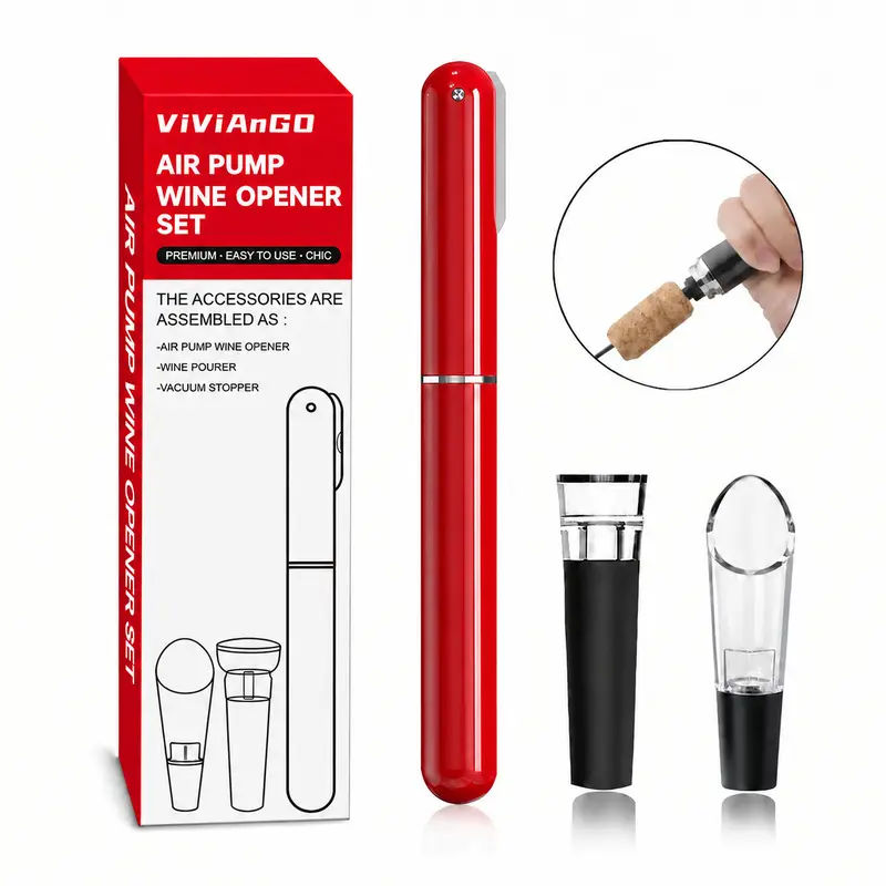 ViViAnGo Metal 3-in-1 Corrosion-Resistant Durable Air Pump Wine Opener Bar Accessory Kit - Home Bar Utensils for Enthusiasts with Vacuum Stopper, Drip-Free Pourer, Leakproof Lid Drinking Straw, Slow Pouring Accessory, Gifting Option