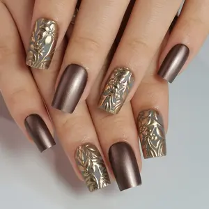 Curvlife medium square floral Fake Nails patterns prints brown matte for fall 2 Week Wear Damage Free
