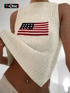 Women's Flag Graphic Print Split Hem Fitted Sweater Vest, Casual Chic Fashion Round Neck Sleeveless Jumper Vest for Summer, Ladies Knit Clothing for Daily Wear