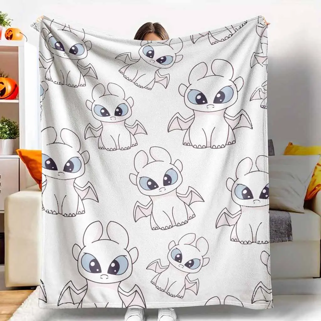 Cute Light Fury Flannel Blanket, Cartoon Dragon Print, UltraSoft, Warm, Lightweight, Cozy, Perfect for Sofa, Bed, Travel, Camping, as a Birthday Gift, or Thanksgiving Gift, Holiday present.