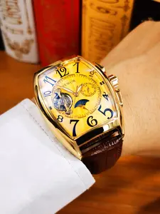 1pc Luxury Fashion Tourbillon Automatic Mechanical Watch for Men Moon Phase Display Luminous Hands Casual Leather Strap Business Wristwatch Classic Retro Mens Watches