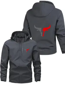Men's Fashionable Flying Jacket with Bull Logo, Stylish Zipper Pockets, Casual Hooded Design, Suitable for Spring & Fall, Polyester Material
