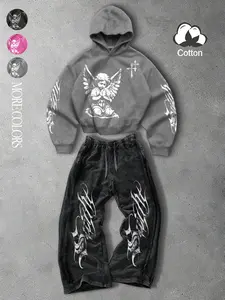 Unisex style, spring and autumn season, Soft, Sleeves, cotton-containing hooded sweatshirt and jogger pants set, Prayer angel pattern print, Simple cotton jogger pants with loose-fitting legs, Suitable for streetwear and American retro styles, Y2K