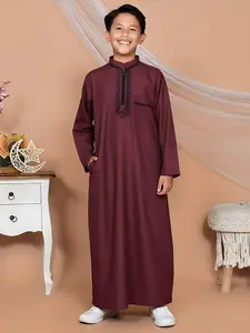 Muslim Boy Wine Embroidered Stand Collar Zipper Long Sleeve Modesty Thobe with Side Pockets, Suitable for 8-12 Year Old Boys