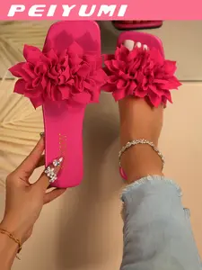 Women's Fashionable Plain Color Flower Decorated Sandals, Casual Comfortable Flat Sandals for Summer, Lightweight Breathable Shoes for Daily Wear, Girl