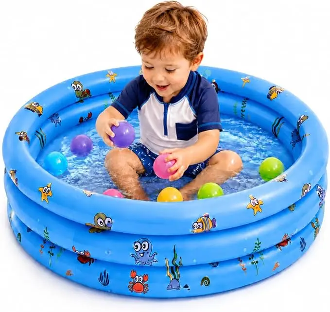 Inflatable Baby Pool for Toddlers 1-3, Kiddie Pool with Bubble Bottom, Small Blow Up Swimming Pool with Drain Plug, Durable Kids Water Play Pool for Backyard, Lawn & Summer Outdoor Fun, Pink