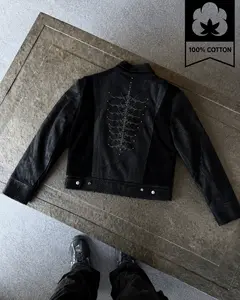 100% Cotton Leather Look Cropped Jacket, Y2K Gothic Moto Biker Coat for Men Women, Punk Rock Short Jacket with Snake Texture Embroidery, Button Hem, Long Sleeve Streetwear Outerwear, Vintage Daily Casual Club Festival Fall Fashion Top Outfit Trend Styling