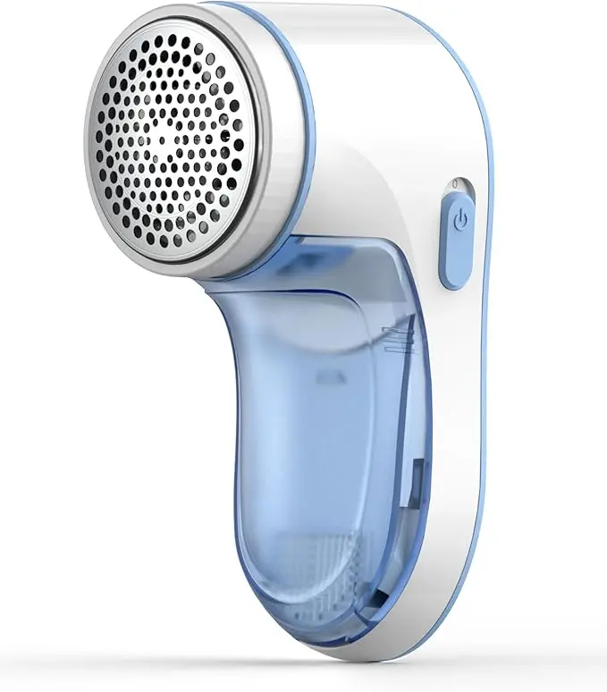 Fabric Shaver - Lint Remover for Clothes, Effectively and Quickly Removes Pills, Safety Lock Protection, Blue & White, Stainless Steel 3-Leaf Blades Removal Sticky Roll