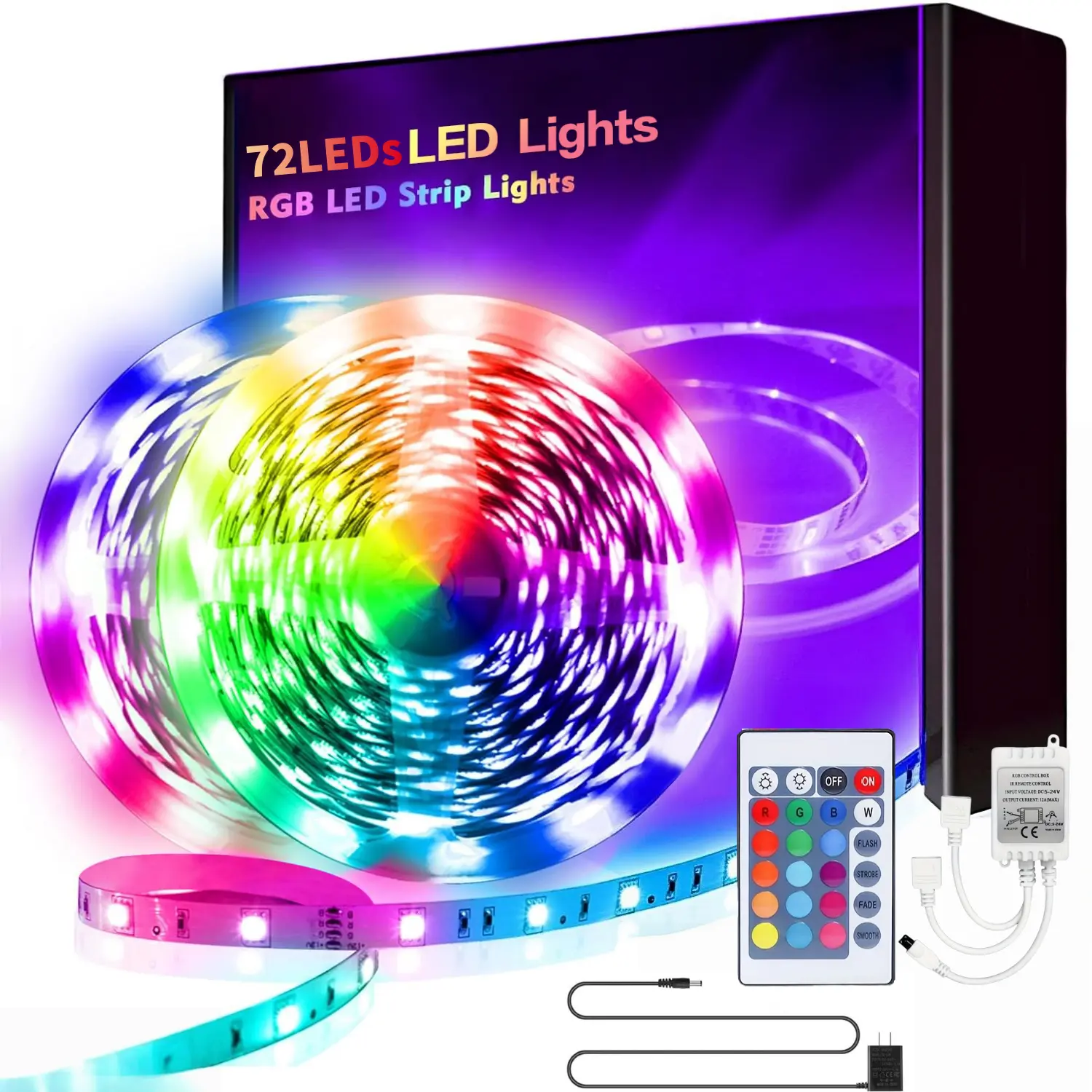 Boluoova 24V RGB Color Changing LED Light Strip Kit, 72LEDs/M 100FT Super Bright Ambient Lighting with 24-Key Remote Control, Lights for Bedroom, Room Decor & Festival Indoor Decoration