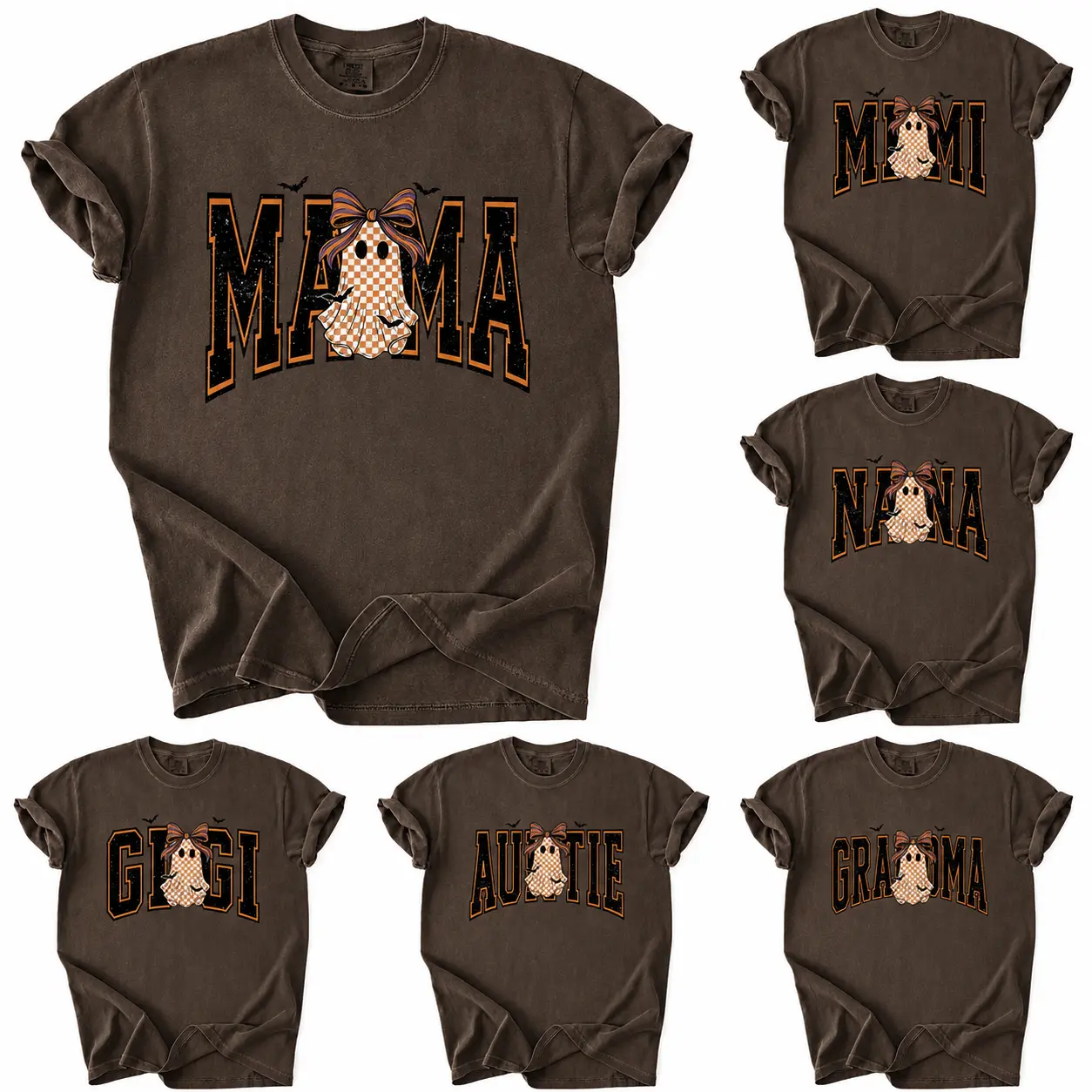 Custom Mama Halloween Espresso Comfort Colors Shirt - Ghost Bow Graphic Tee, Mimi Nana Gigi Auntie Grandma Shirt, Spooky Family Fall Gift, Retro Halloween Tee