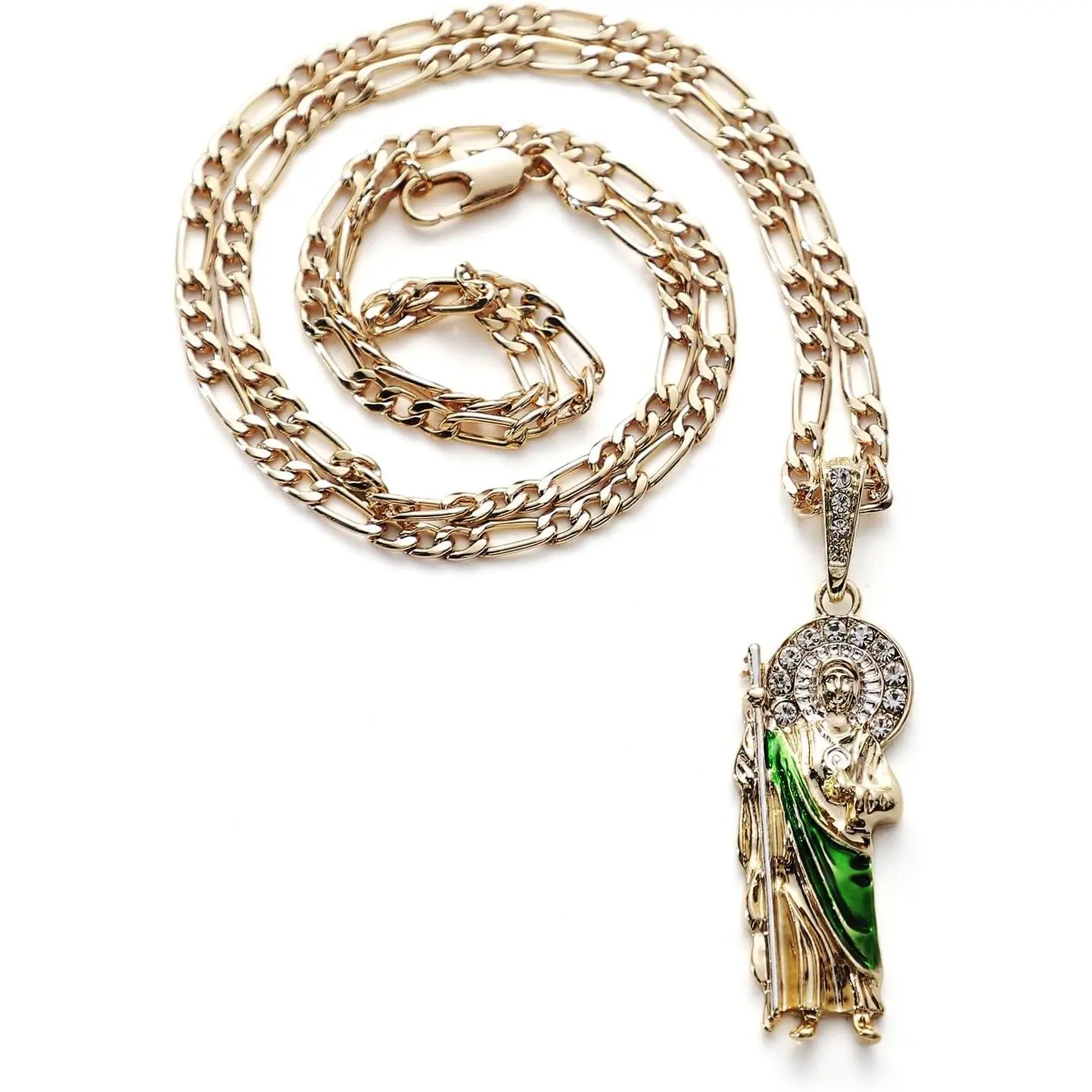 Plated Green Saint Jude Pendant Necklace Figaro 24" San Judas Tadeo Medalla Cadena Oro Laminado