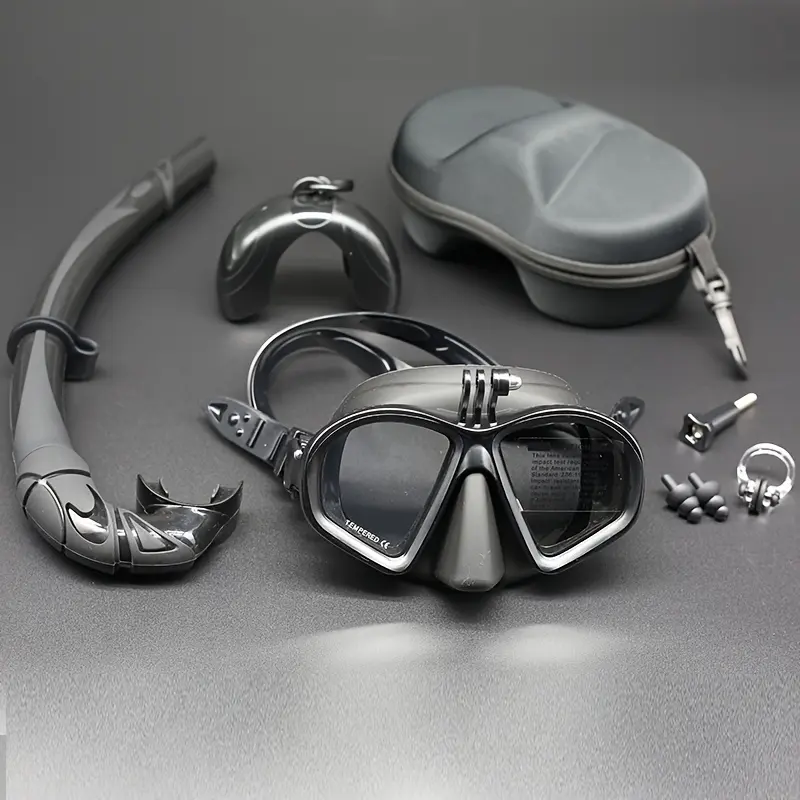 Wet low capacity free snorkel mask set, high-definition tempered glass mask, with sports camera stand base, breathing tube storage box volume fishing and hunting set