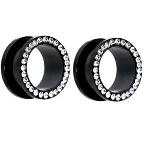 Pair of Black Titanium Clear Gem Screw Gauges Tunnels Steel Ear Plugs bling earrings 00g 0g 2g 4g 1/2 9/16 5/8 3/4 7/8 1 inch
