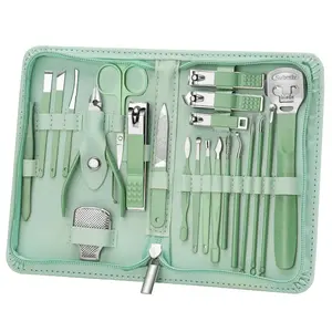 High end home nail clipper set, complete set of stainless steel nail clippers, green zipper style, 22 piece nail tool set