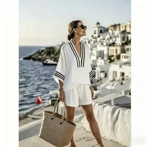 Summer Casual Matching Two Piece Set, Relaxed Fit Striped Trim V-Neck Blouse And High Waist Short Pants, Comfy Travel Daily Going Out Outfits