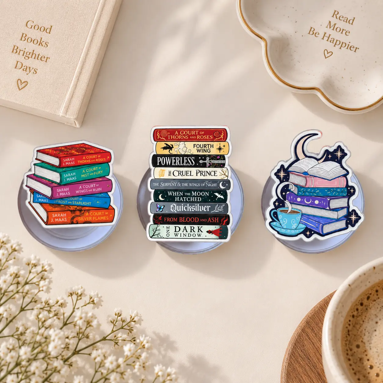 Fantasy Book Lover Magnetic Phone Grip Stand, Colorful Stacked Books and Magical Reading Design, Cozy Reader Phone Holder, Dark Academia Gift, Kindle Accessory
