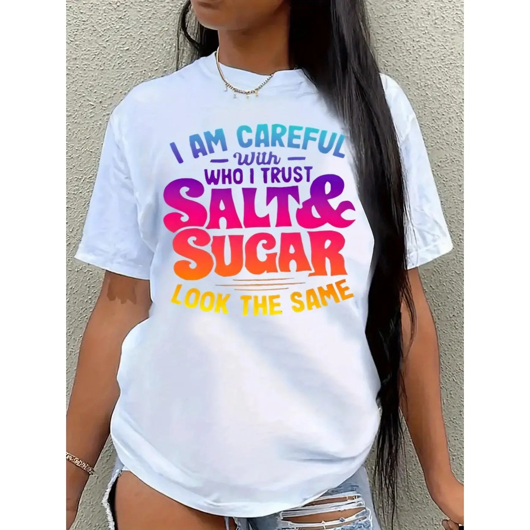 Retro "Salt & Sugar Look The Same" Sarcastic Quote Graphic T-Shirt, Groovy  Oversized Comfort Outfit, Gradient Text Fashion Tee, Casual Crew Neck White Short Sleeve Top, Perfect Valentine’s Day & Holiday Gift For Sassy Lovers