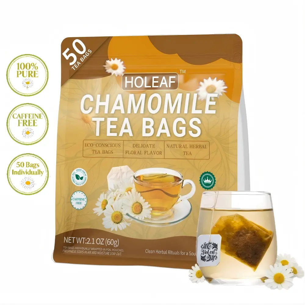 Holeaf Pure Chamomile Herbal Tea Bags, 50-Count, 100% Natural Flower Flavor, Vegan, Non-GMO, Caffeine-Free Calming Bedtime Tea for Sleep