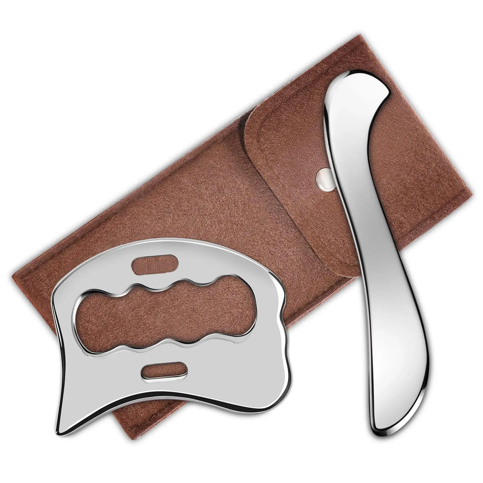 2 Counts Set Stainless Steel Gua Sha Muscle Scraper Tool, Myofascial Scraping Tools, Lymphatic Drainage Massager, Soft Tissue Massage Tool with Storage Bag, Self Care Tool