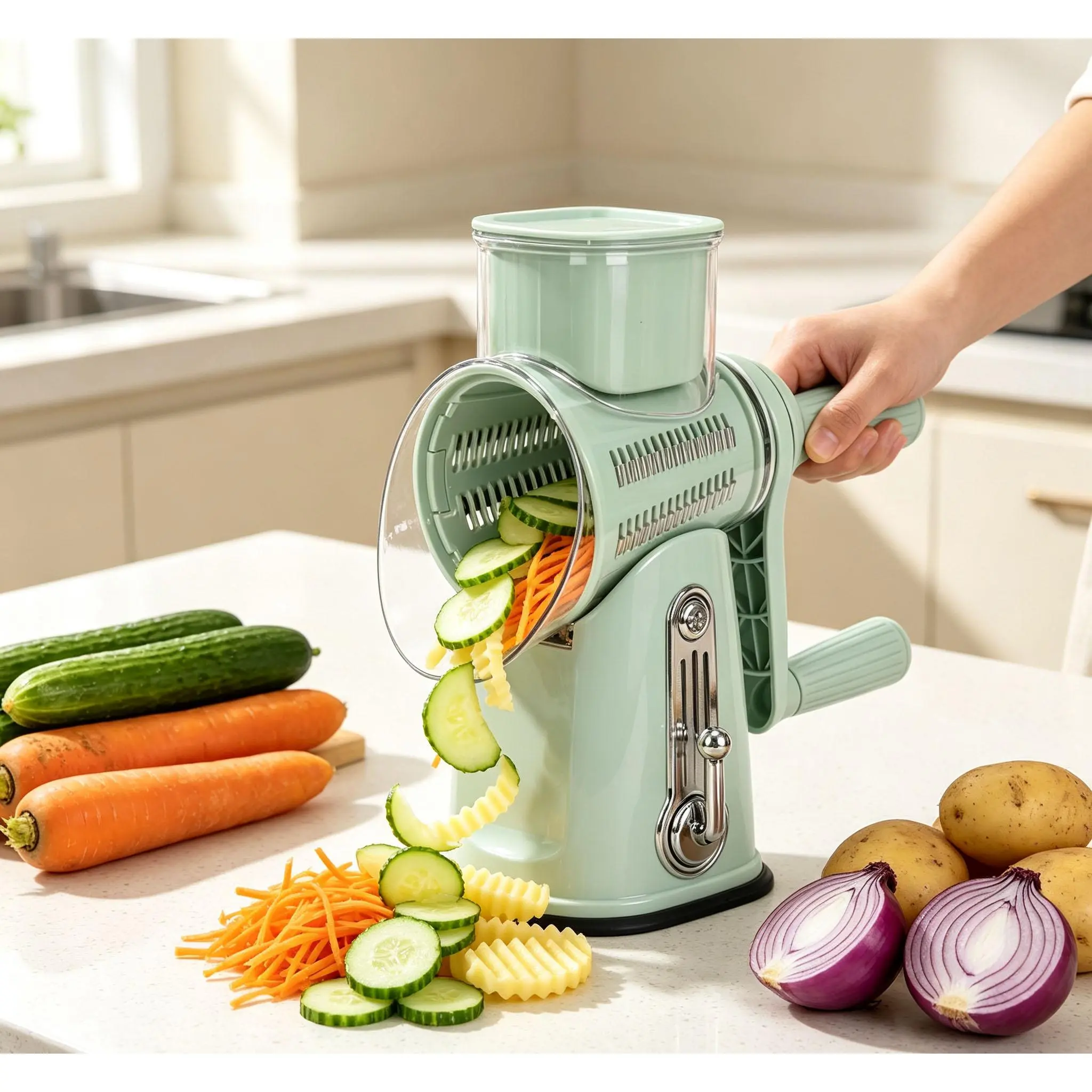 No More Sore Hands! Rotary Manual Vegetable Shredder, Strong Suction Cup Secures on Countertop, Multiple Cutting Modes for All Kinds of Ingredients
