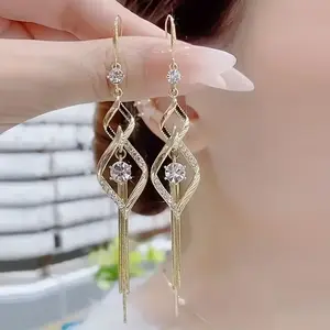 1 Pair of Copper Plated Golden Sparkling Synthetic Gemstone Zircon Tassel Earrings - Elegant Party Decoration Gift