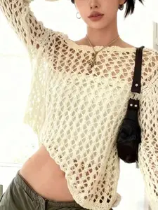 Women's Hollow Out Knitted Sweater, Loose-Fitting Long Sleeve Sun Protection Top, Casual Elegant Round Neck Thin Pullover