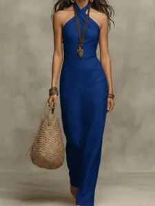 2026 New European and American Style Women's Slim Fit Fashion Solid Color Elegant Sleeveless Halter Dress, Trendy and Stylish